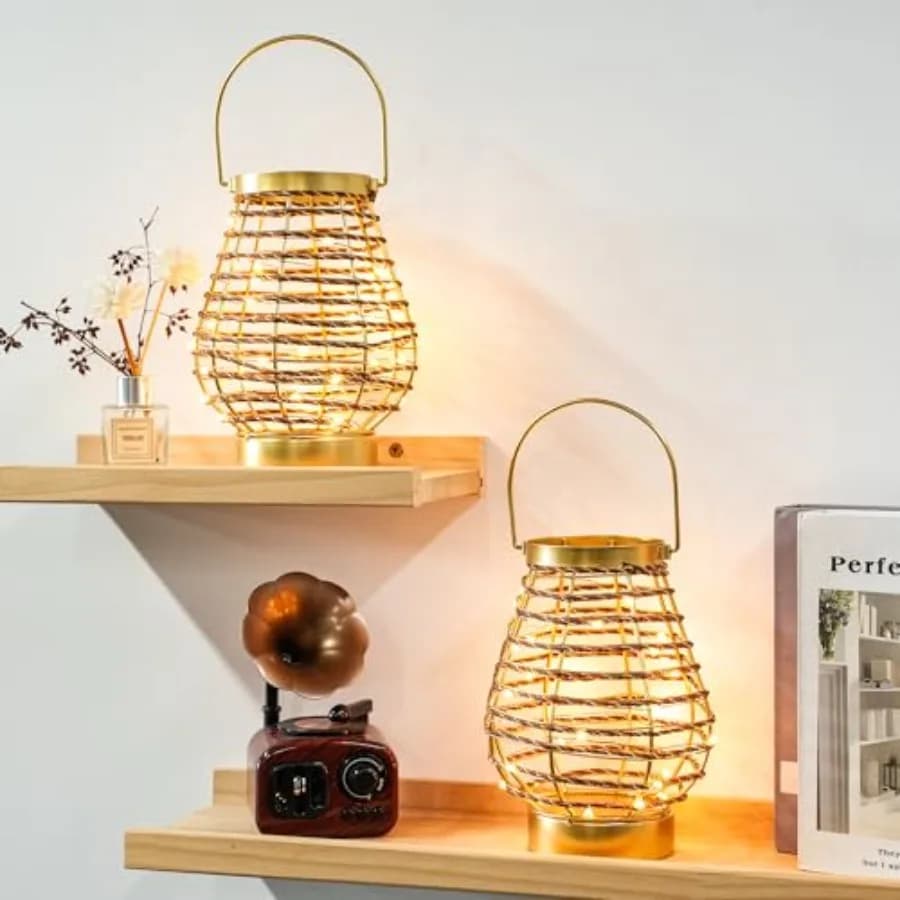 Lampada da Tavolo Senza Fili in Metallo 8 "H, Lampada a Gabbia LED con Timer 2 Ore, Lanterna Decorativa Vintage con Luci Fatate per Interni