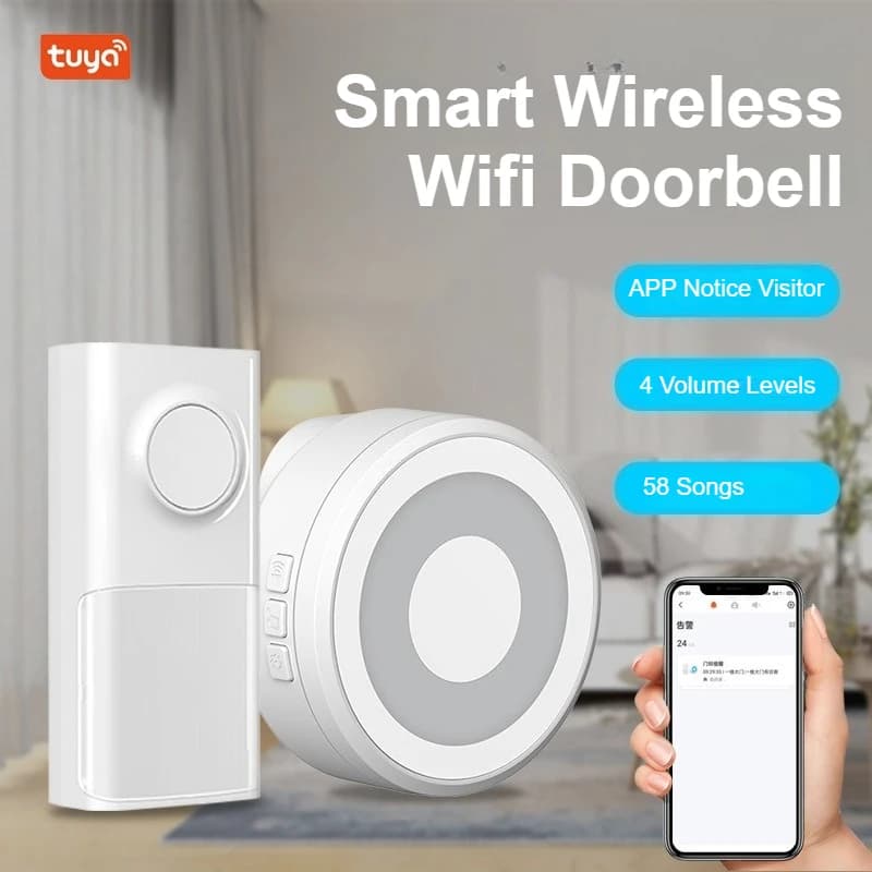 Tuya Campanello senza fili Wifi Suoneria forte e telefono a lungo raggio Telecomando Campanello per porta intelligente Carillon 58 brani Campanello ad anello impermeabile