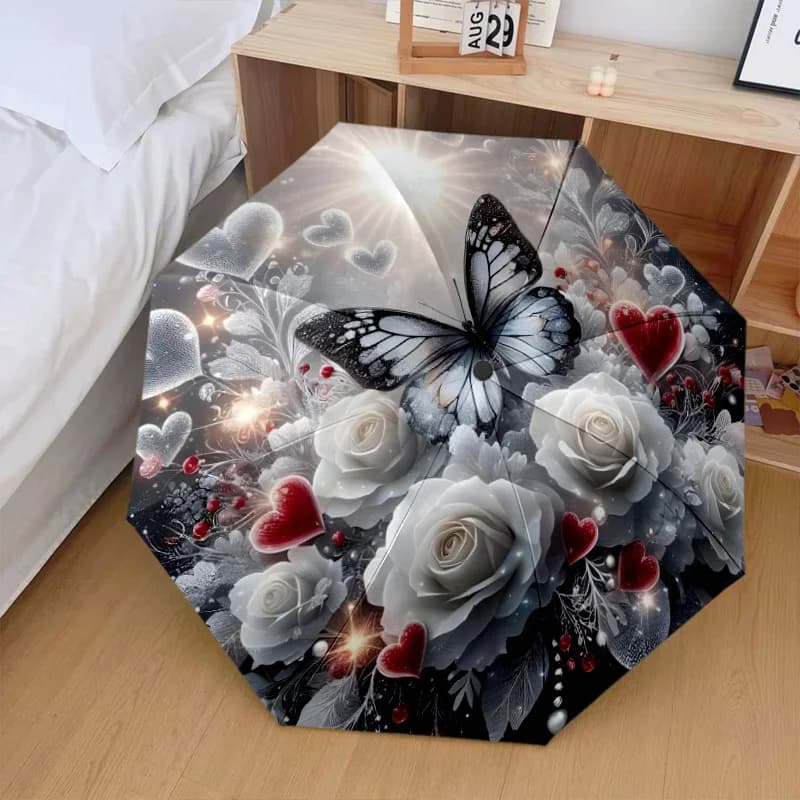 Ombrello Automatico Apri/Chiudi con Pulsante One-Touch - Elegante Design Gotico Floreale e Farfalle in Nero/Grigio/Bianco/Rosso - Automatico