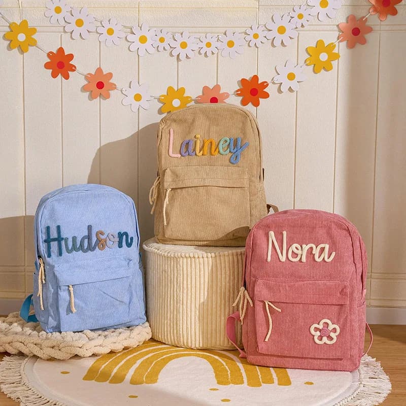 Zaino Personalizzato per Bambini con Ricamo Fatto a Mano, Borse da Viaggio per Bambini, Zaini per Asilo, Borsa Scolastica in Velluto a Coste per Neonati