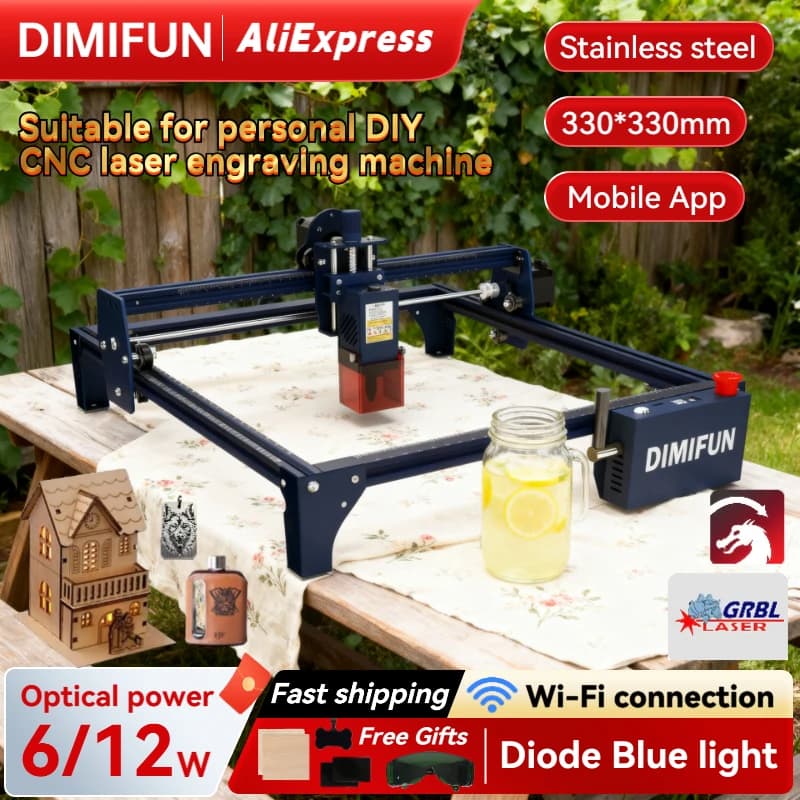 DIMIFUN 6W/12W DIMIFUN diode CNC laser engraving machine with Wi-Fi control | 380*380 mm | Honeycomb Panel Includes presents