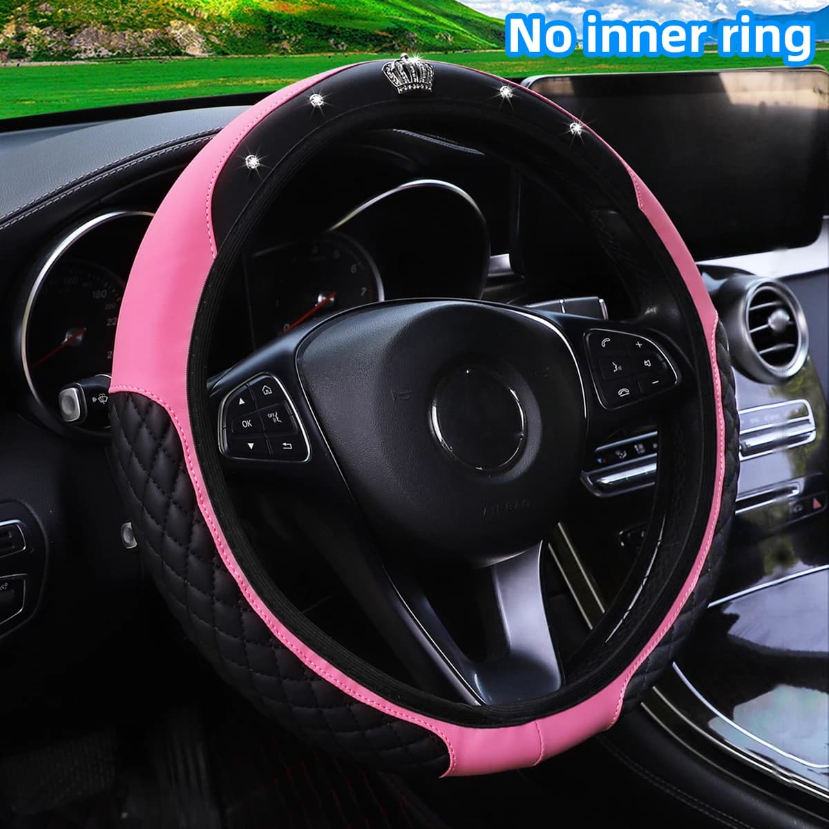 PU leather crown studded with diamonds blingbling car frame cover suitable for 14,5 - 15 inch car accessories