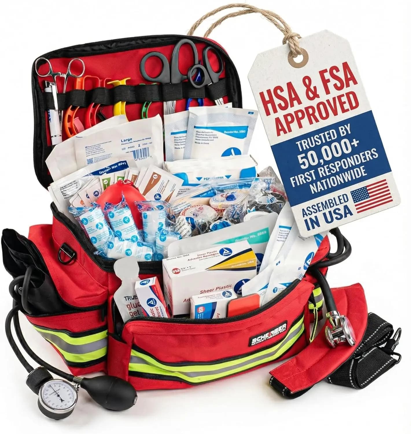 Kit Professionale per Pronto Soccorso con Oltre 200 Articoli, Borsa Riflettente e 8 Tasche - Rosso