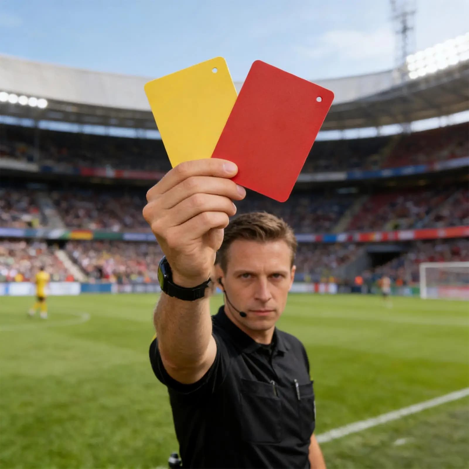 Cartellini di punizione per arbitri, accessori per arbitraggio sportivo, cartellini rossi, gialli e verdi per competizioni e allenamenti.