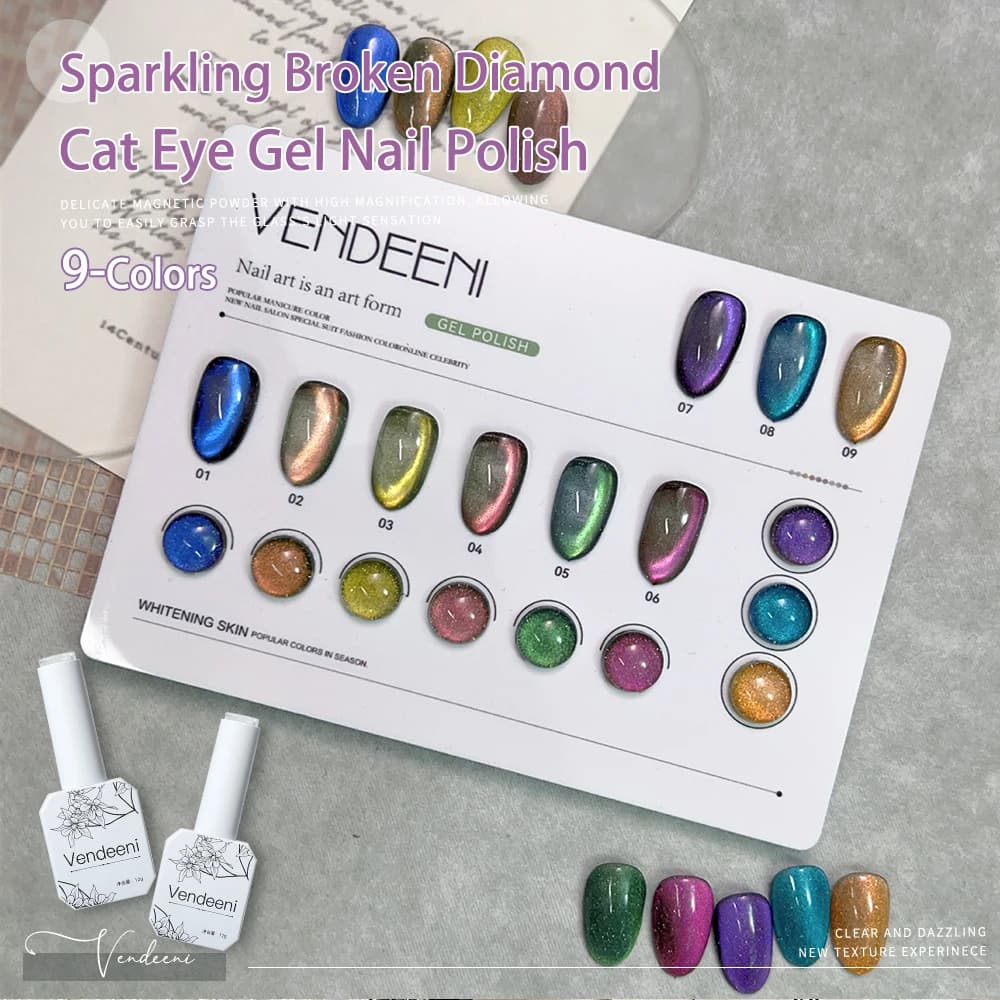 Vendeeni 9 Colors Glitter Galaxy Cat Eye Gel Nail Polish Set Flash Broken Diamond Magnetic UV Soak Off Gel Varnish With Display