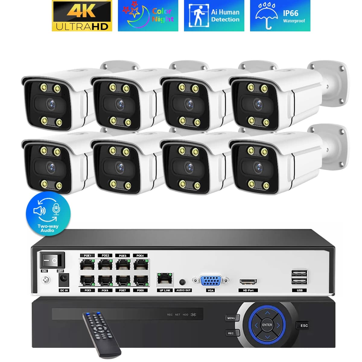 Sistema NVR CCTV POE 8CH H.265 4K Ai Telecamera IP impermeabile per visione notturna colorata Set di telecamere di sicurezza audio video bidirezionale da 8 MP