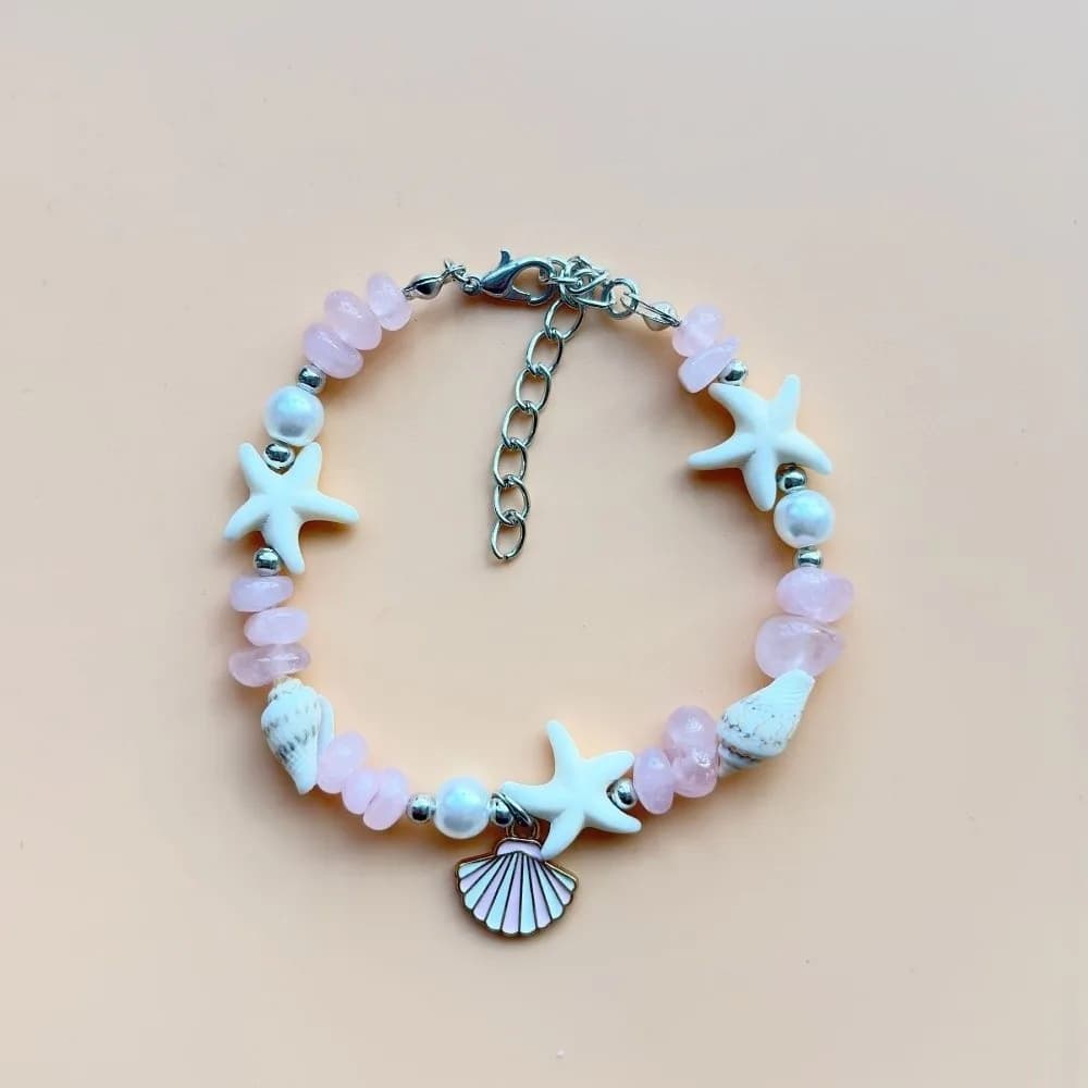 Bracciale Serie Oceano Mare con Conchiglie e Stelle Marine, Bracciale Bohemien Colorato con Perle e Conchiglie, Braccialetto Regolabile Estivo