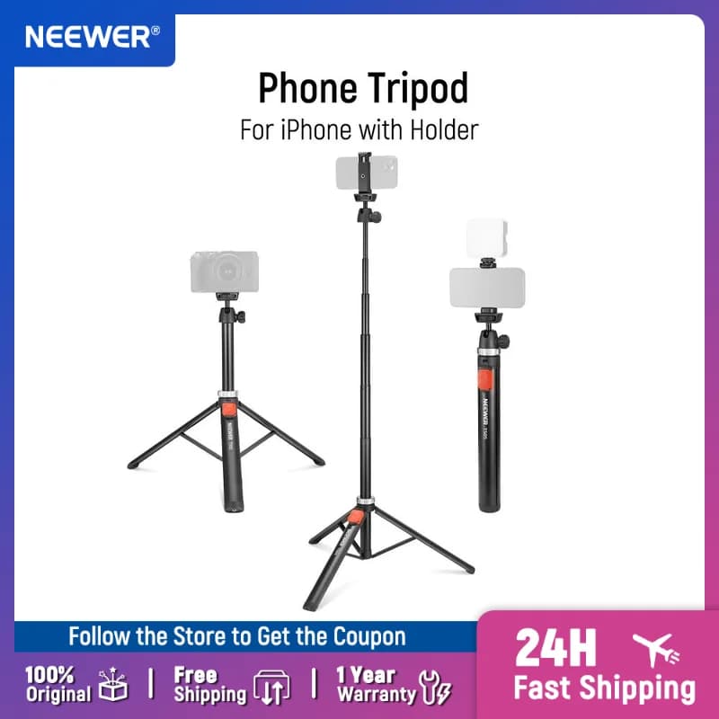 NEEWER Treppiede per telefono per fotocamera remota per telefono cellulare 62,9" All Metal Selfie Stick Treppiede da viaggio Vlog per iPhone con supporto
