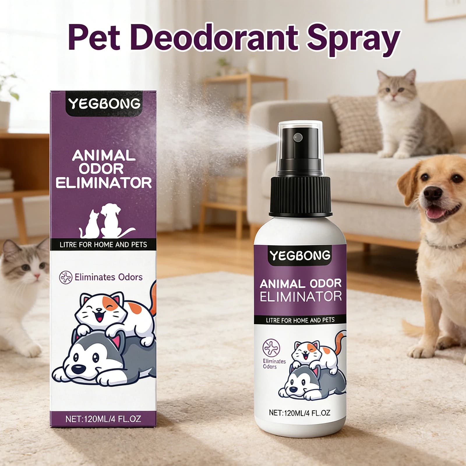 Spray Deodorante per Animali Domestici, Elimina Odori di Lettiera per Gatti e Cani, Pulisce il Letto degli Animali, Profumo Fresco, Neutralizzatore di Odori di Urina