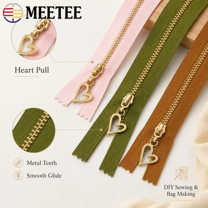 10Pcs 40-70cm 3# Metal Zippers Heart Puller Close Open End Zip for Garment Pocket Dress Bag DIY Sewing Repair Accessory Closure