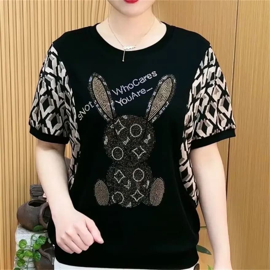 Summer Short Sleeve T-Shirt Women Loose Belly Cover Fashionable Drill Middle-aged And Elderly Ladies Base Shirt Slimming