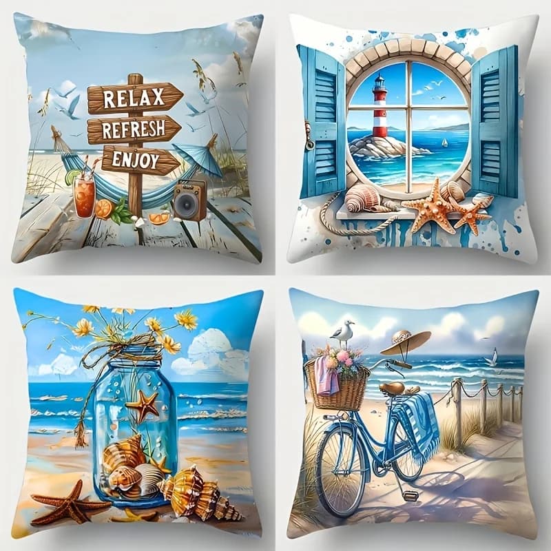 4 fodere per cuscini a tema relax sulla spiaggia, con motivi di stelle marine, conchiglie e biciclette da spiaggia, stile moderno 44,96x44,96 cm, stampa fronte-retro, chiusura con cerniera, lavabile a mano, in poliestere, adatte per la decorazione della casa, del divano del soggiorno