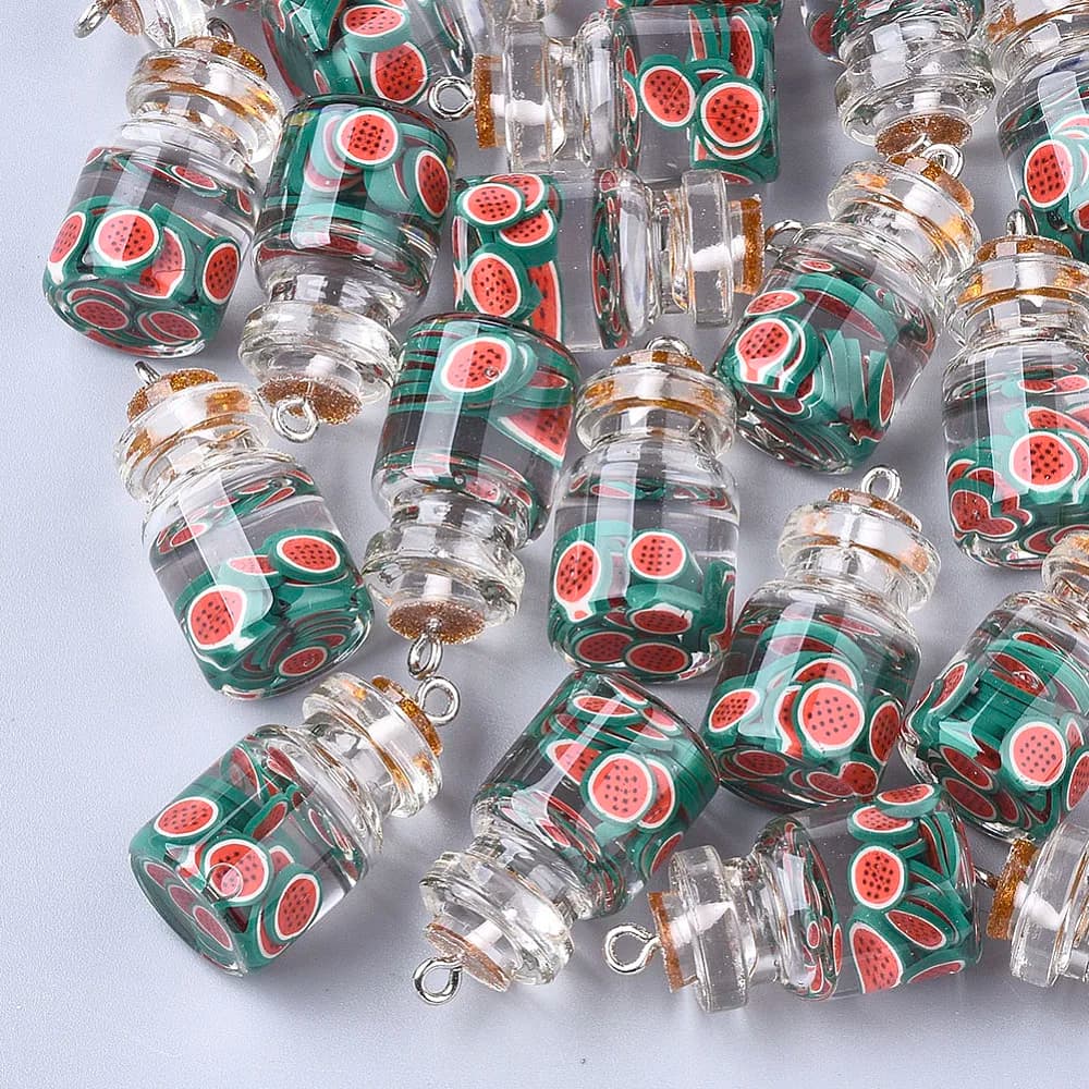 5Pcs Watermelon Pendant Ornament Glass Bottle Pendants with Resin Polymer Clay Iron Findings Watermelon Glass Charms Pendant