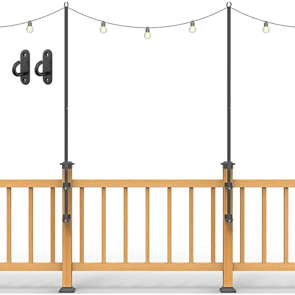 Confezione da 2 pali luminosi a corda: pali luminosi da ponte in acciaio inossidabile da 6,5 piedi con 2 ganci da parete per luci esterne, luci a corda, con ss