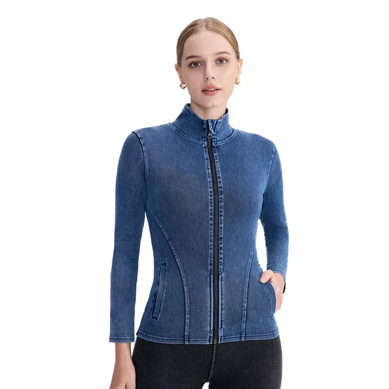 2026 Cowboy Zipper Yoga Jacket For Women High Neck Slimming And Tight Fitting Double Pocket Sports Outerwear Chaquetas De Mujer