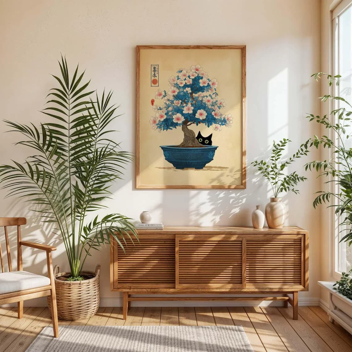 Stampa artistica con gatto nero e bonsai, arte murale giapponese Ukiyo-e, poster con albero di ciliegio, decorazioni giapponesi, regalo divertente con gatto, decorazioni per la casa