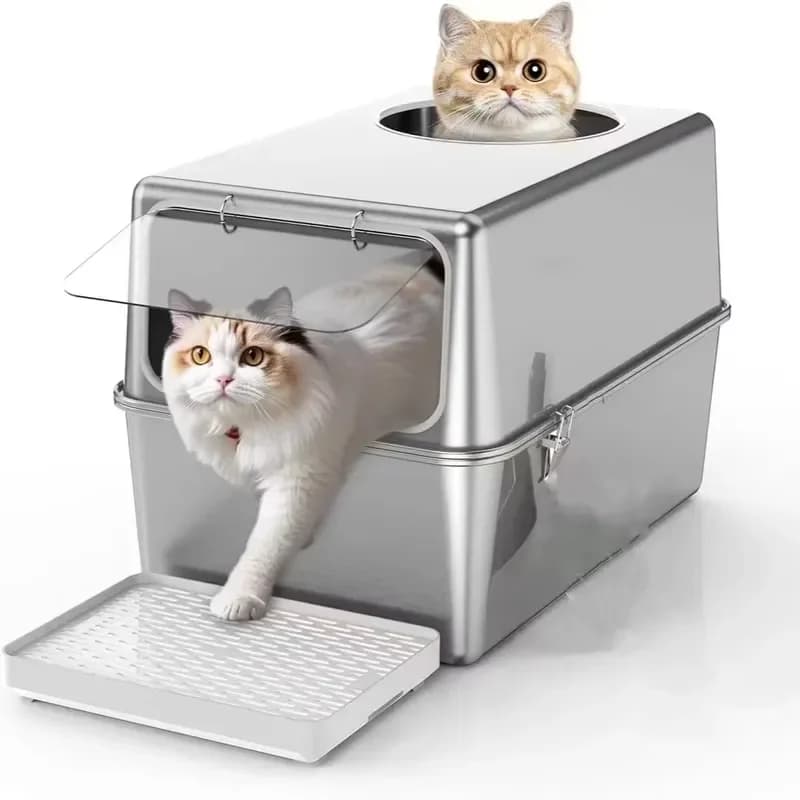 Large Stainless Steel Cat Box With High Anti-Splash Easy to Clean Stainless Steel and Plastic Inner Space 20L for Pets