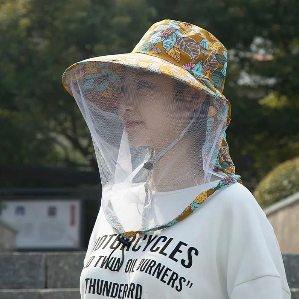 Fashion Floral Mosquito Hat Wide Brim with Net Mesh Fishing Sun Cap Face Neck Protection Anti-UV Fisherman Hat Summer