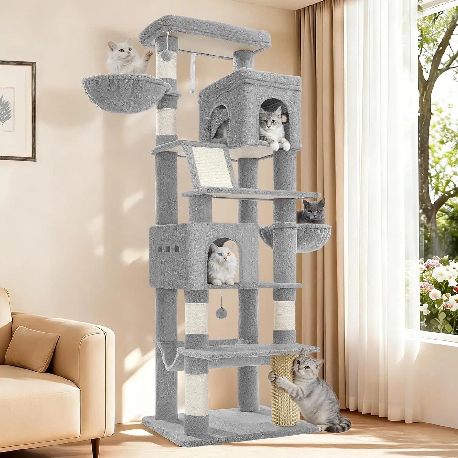 75" Multi-Level Cat Tower with 5 Scratching Posts, 2 Hanging Baskets, 2 Condos, Large Platforms, Light Grey