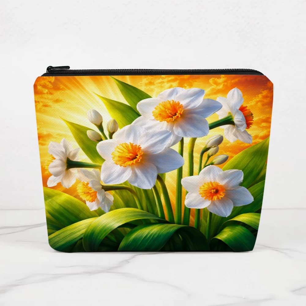 Borse per il trucco con narcisi illuminati dal sole e foglie verdi per ragazze, pochette per cosmetici, borsa da toilette, astuccio per matite, custodia da viaggio