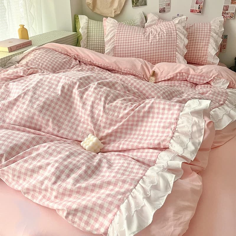 Set lenzuola da 3 pezzi Set copripiumino scozzese rosa, comodo set biancheria da letto copriletto per tutte le stagioni