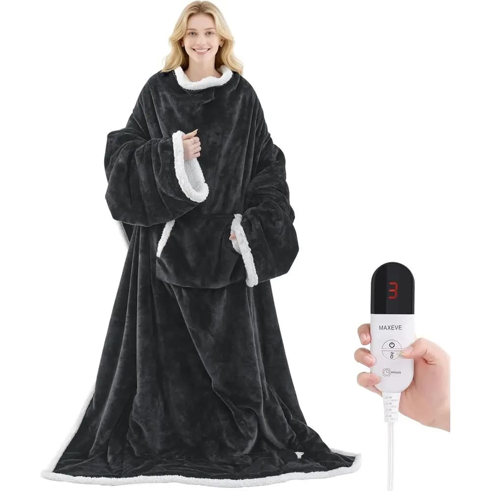Wearable Electric Blanket with Hood and Sleeves, 6-Level Heating, 4-Hour Auto-Off, Machine Washable, Long Grey