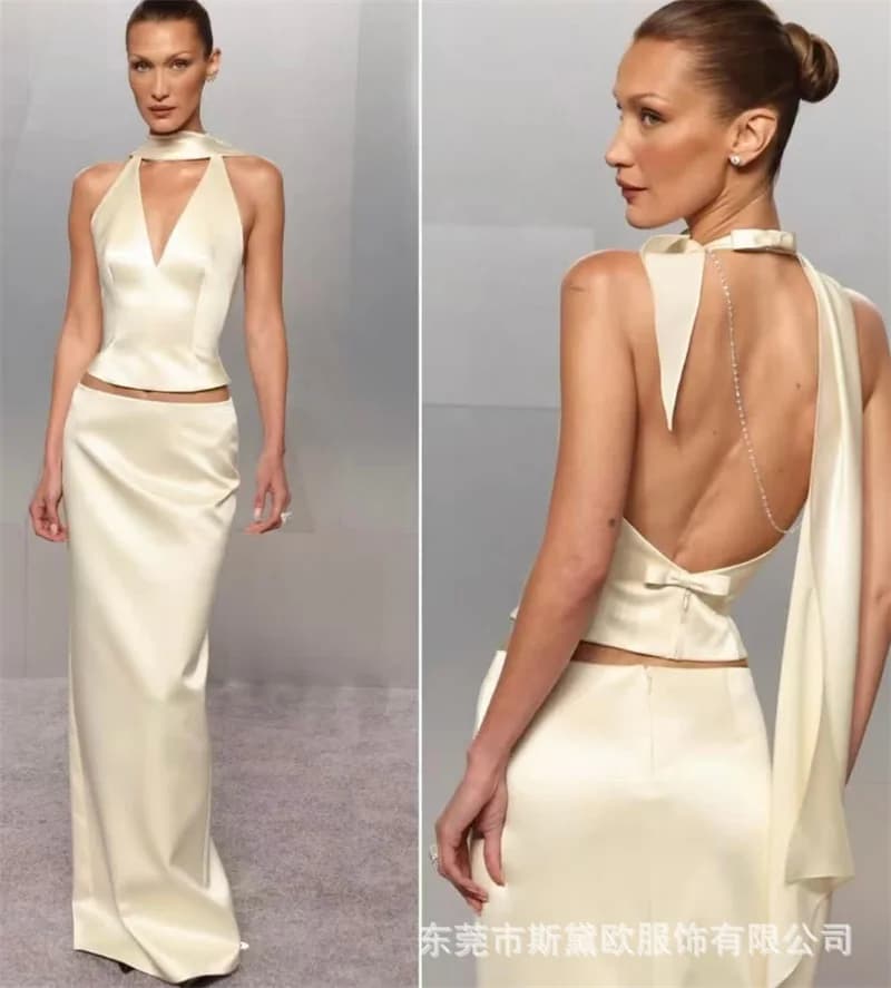 Sexy Beige Satin Prom Dress With Scarf Sleeveless Backless 2 Pcs Skirt Set Party Gown Formal Wedding Guest Birthday Evening Robe