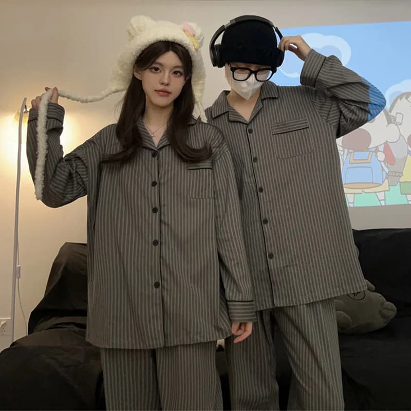 Nuovi Pigiami per Coppie, Pigiami da Donna in Puro Cotone a Maniche Lunghe per Primavera e Autunno, Pigiami a Righe a Due Pezzi per Uomo, Set Homewear, Camicia da Notte