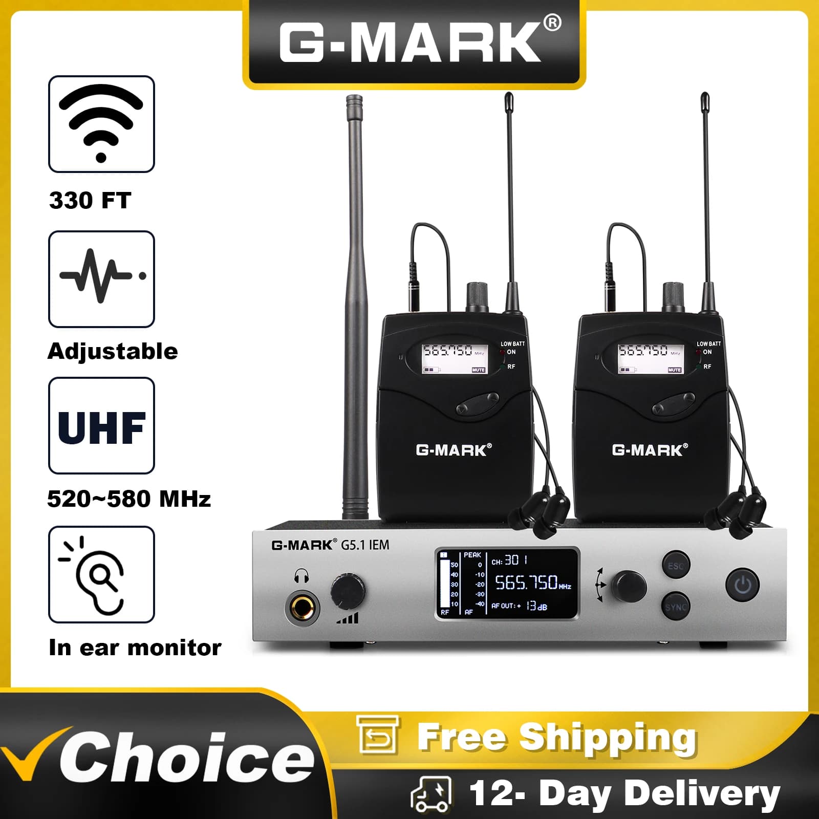 G-MARK G5.1IEM Headset Back from single channel UHF wireless stage with metal body for headset for bandwidth recording studio