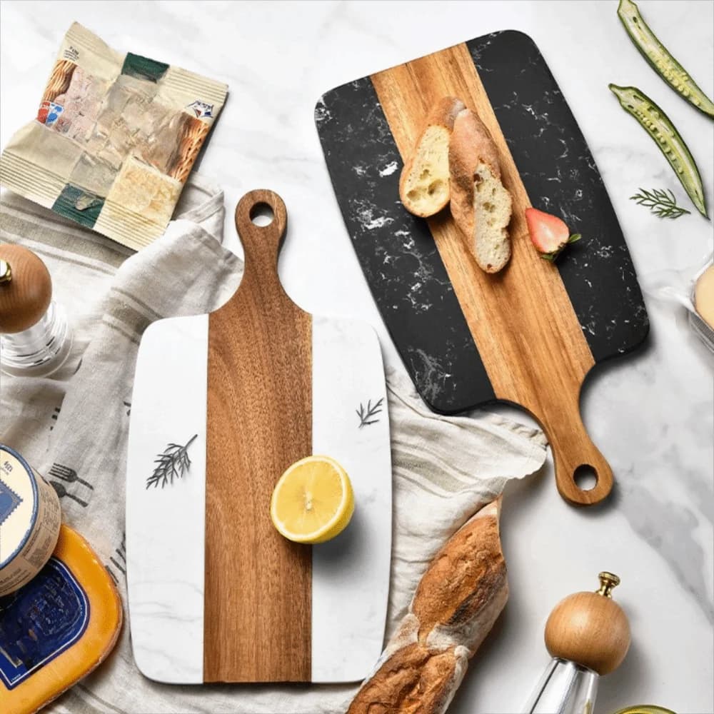Mold-resistant Marble Wood Cutting Boards Double Side Use Non-slip Cheese Board Wood Handle Heat-resistant Fruit Plate Kitchen