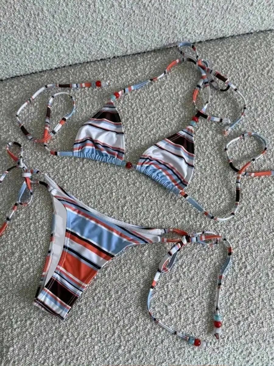Costume da bagno da donna con stampa a righe, slip bikini per feste in spiaggia