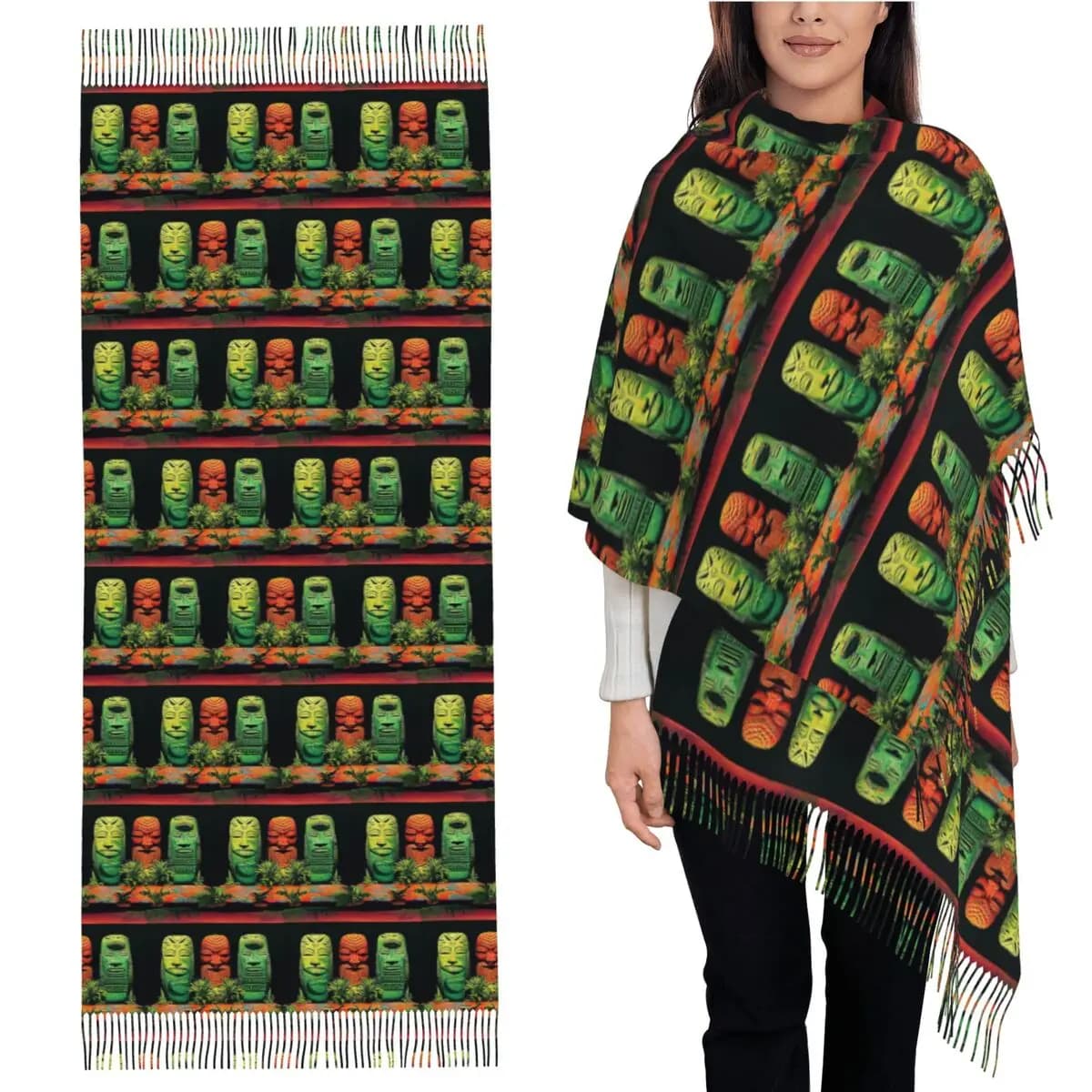 Garden Of Tikis Tiki Maschera Sciarpa Sciarpe con nappe per donna Scialli e stole morbidi e caldi Scialle lungo autunno inverno