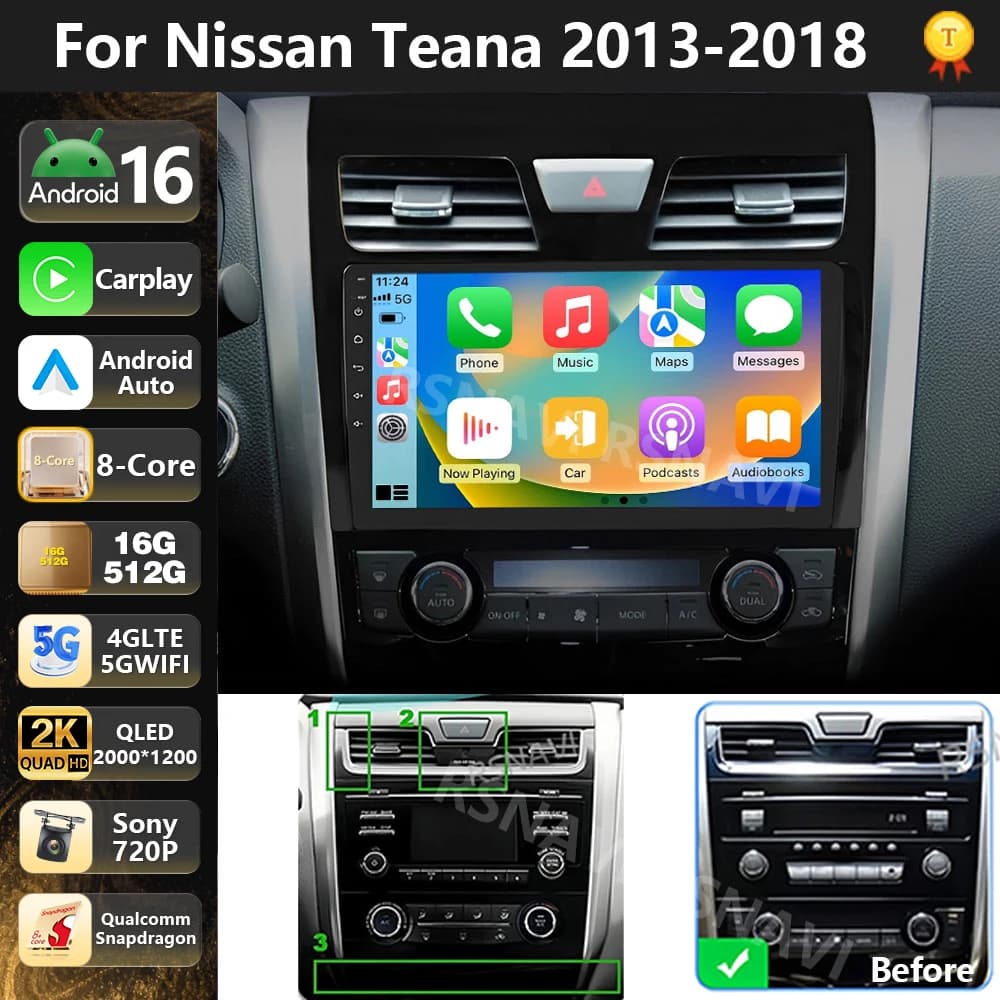 Qualcomm Android 16 Car Radio Multimedia Player For Nissan Teana 3 Altima 5 L33 2013-2020 Auto Carplay Stereo DSP Wifi+4G Gps BT