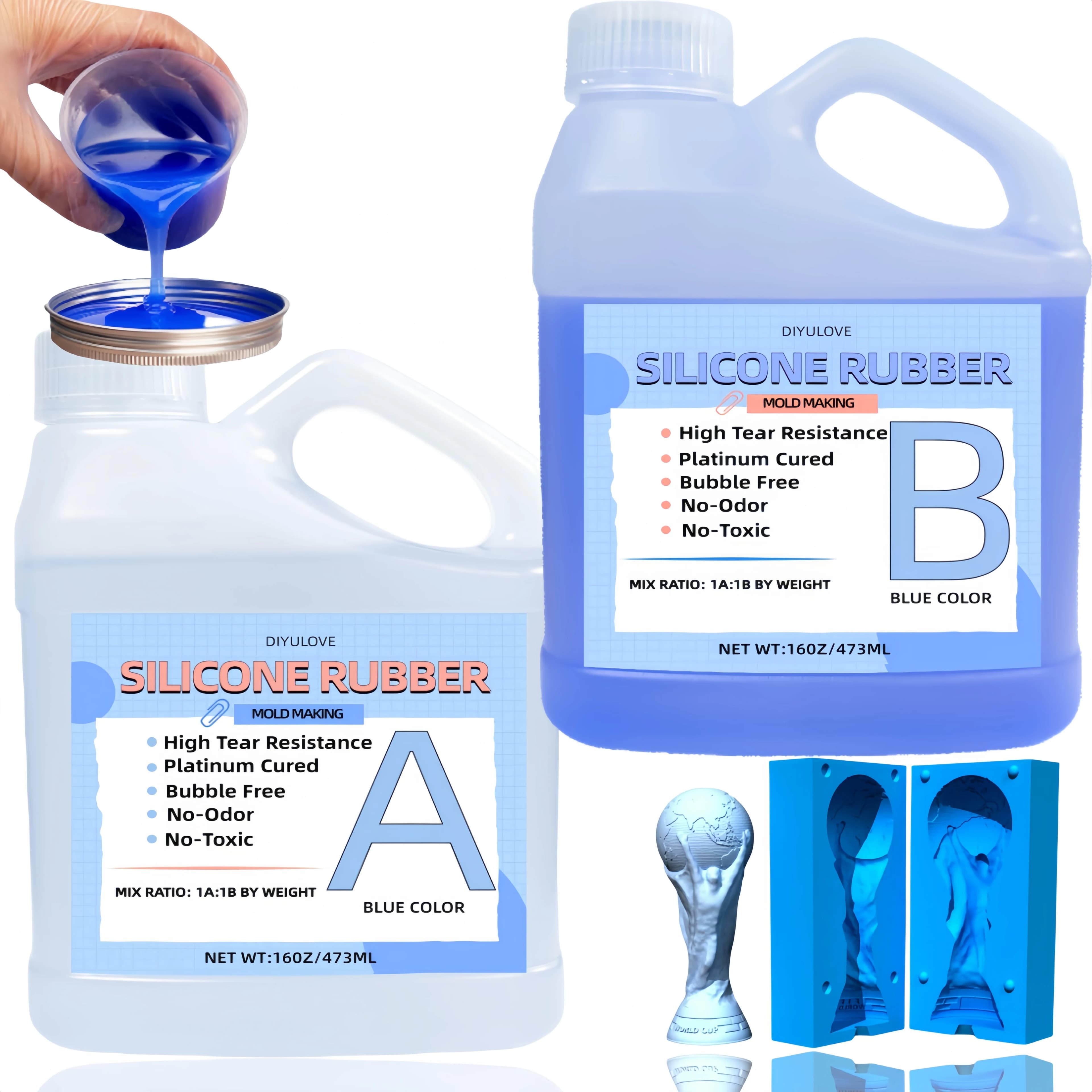 Kit per la creazione di stampi in silicone, gomma siliconica per stampaggio rapido, 1:1 ideale per silicone, resine, cemento, cera per stampi blu