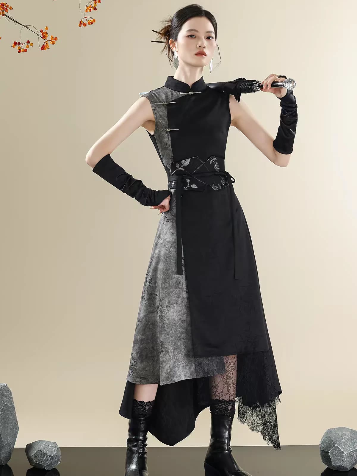 New Chinese Style Dark Grey Wasteland Front Fork Cheongsam Skirt Hottie Serpentine Dress Fiesta Carnival Halloween Cos Cosplay