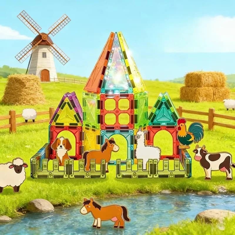 Mattoncini Magnetici a Tema Fattoria, Blocchi da Costruzione Montessori STEM, Giocattoli Educativi, Puzzle di Costruzione, Regalo per Bambini
