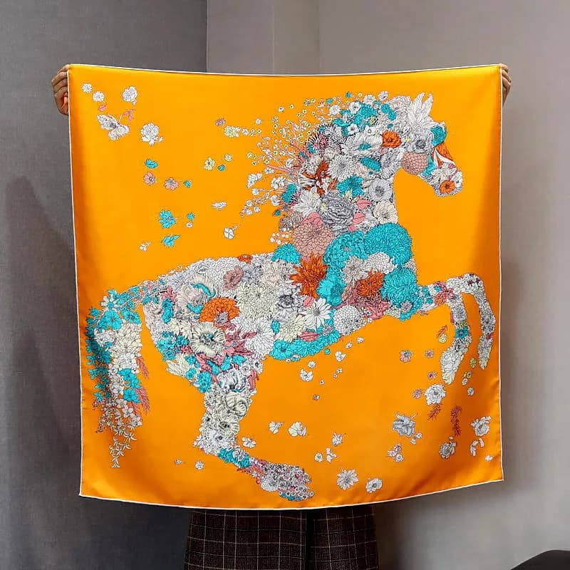 100% Mulberry Silk Orange Floral Running Horse Large Square Scarf Bright Base Neck Head Shawl Bandana Women Office Travel Gift