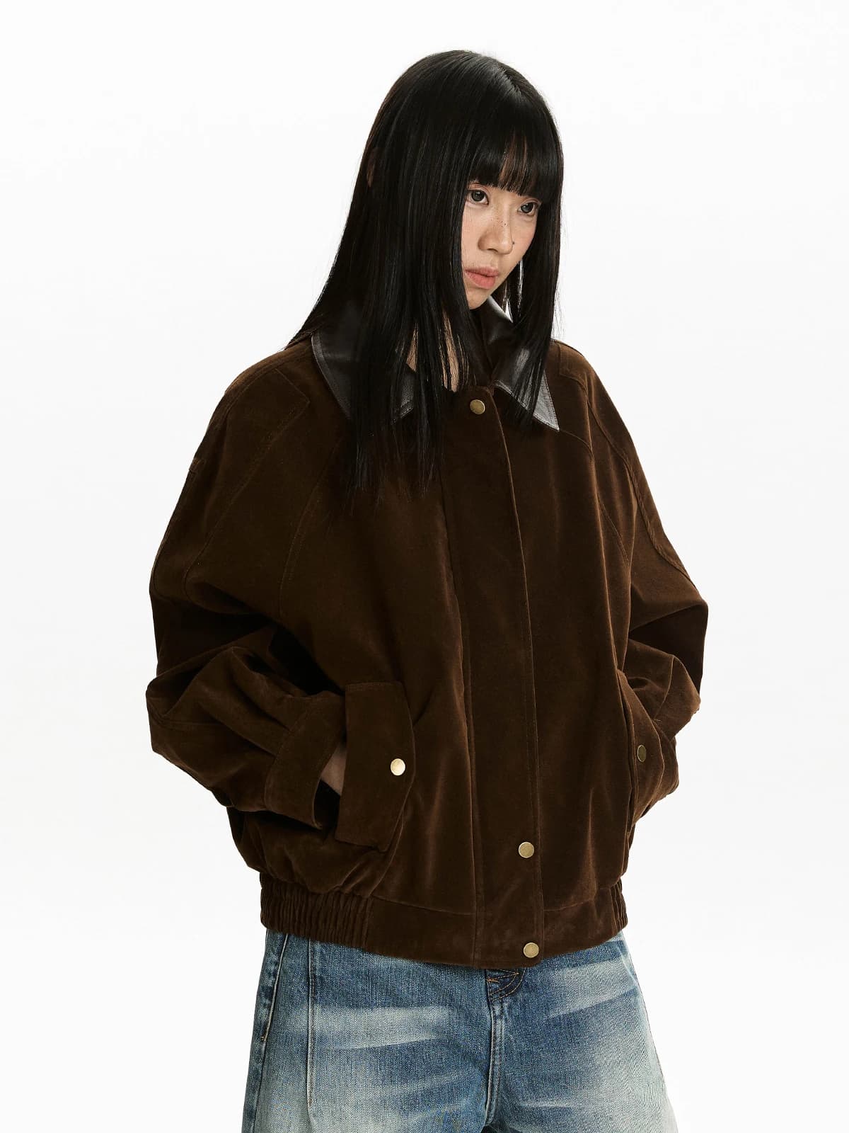 Apocket Spring Short Velvet Jacket Female Street Style Vintage Collarless Coat Easy Match Poly Blend Long Sleeve Standard Fit