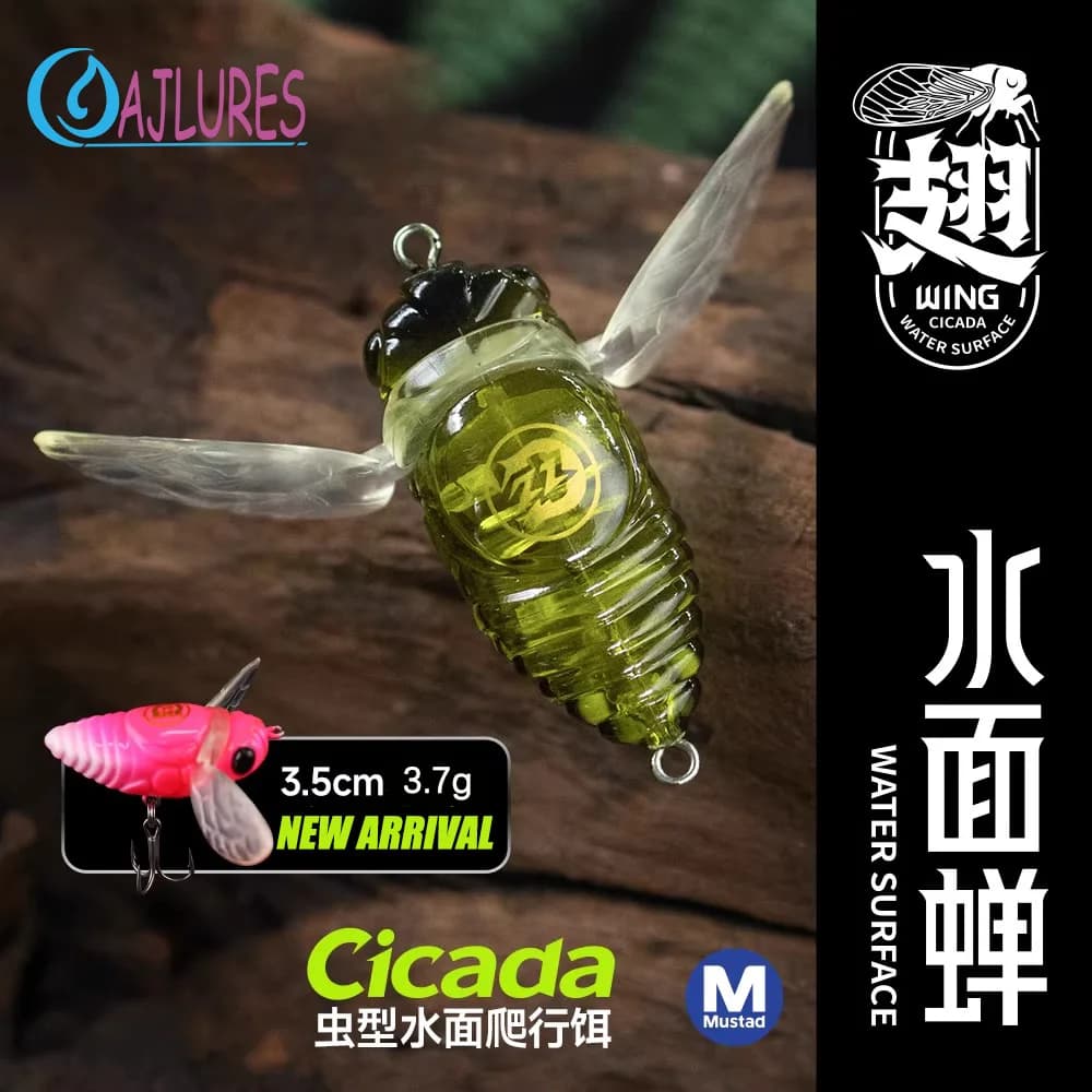 Esca Artificiale Cicada Topwater 3.7g 6g Popper con Ali Morbide e Ami Mustad, Esca Dura per Bass, Trota e Acque Dolci