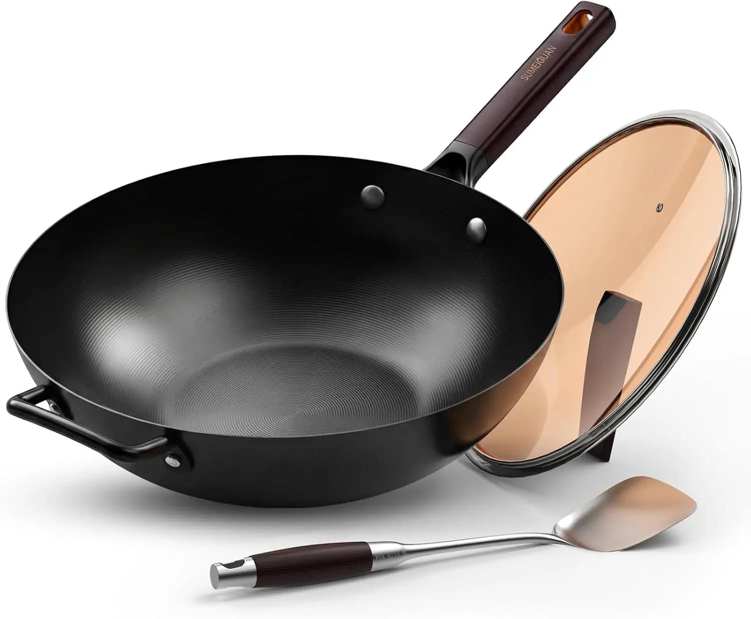 Wok in Acciaio al Carbonio da 13,5 Pollici Pretrattato con Fondo Piatto, Coperchio e Spatola per Saltare in Padella, Cucinare a Vapore, Barbecue e Campeggio