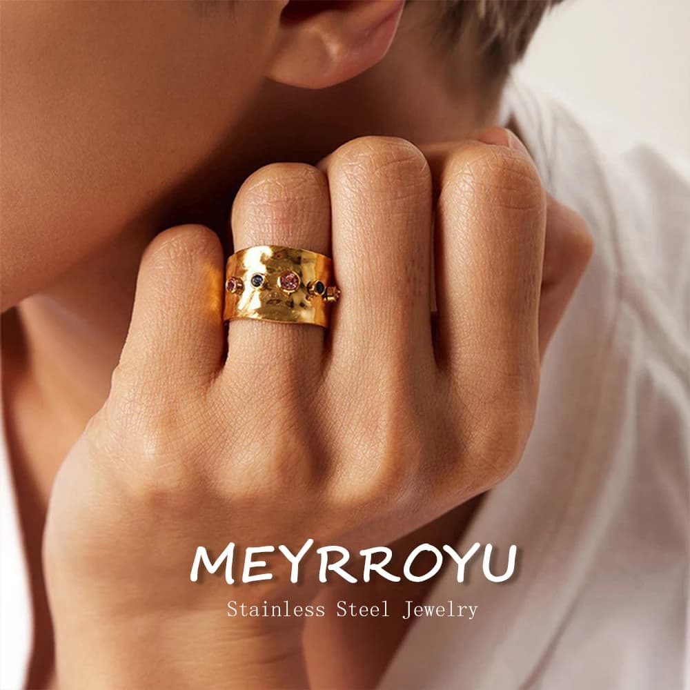 MEYRROYU Anelli Statement da Donna in Acciaio Inossidabile 316L con Zirconi Cubici Colorati, Placcati in Oro 18K, Impermeabili