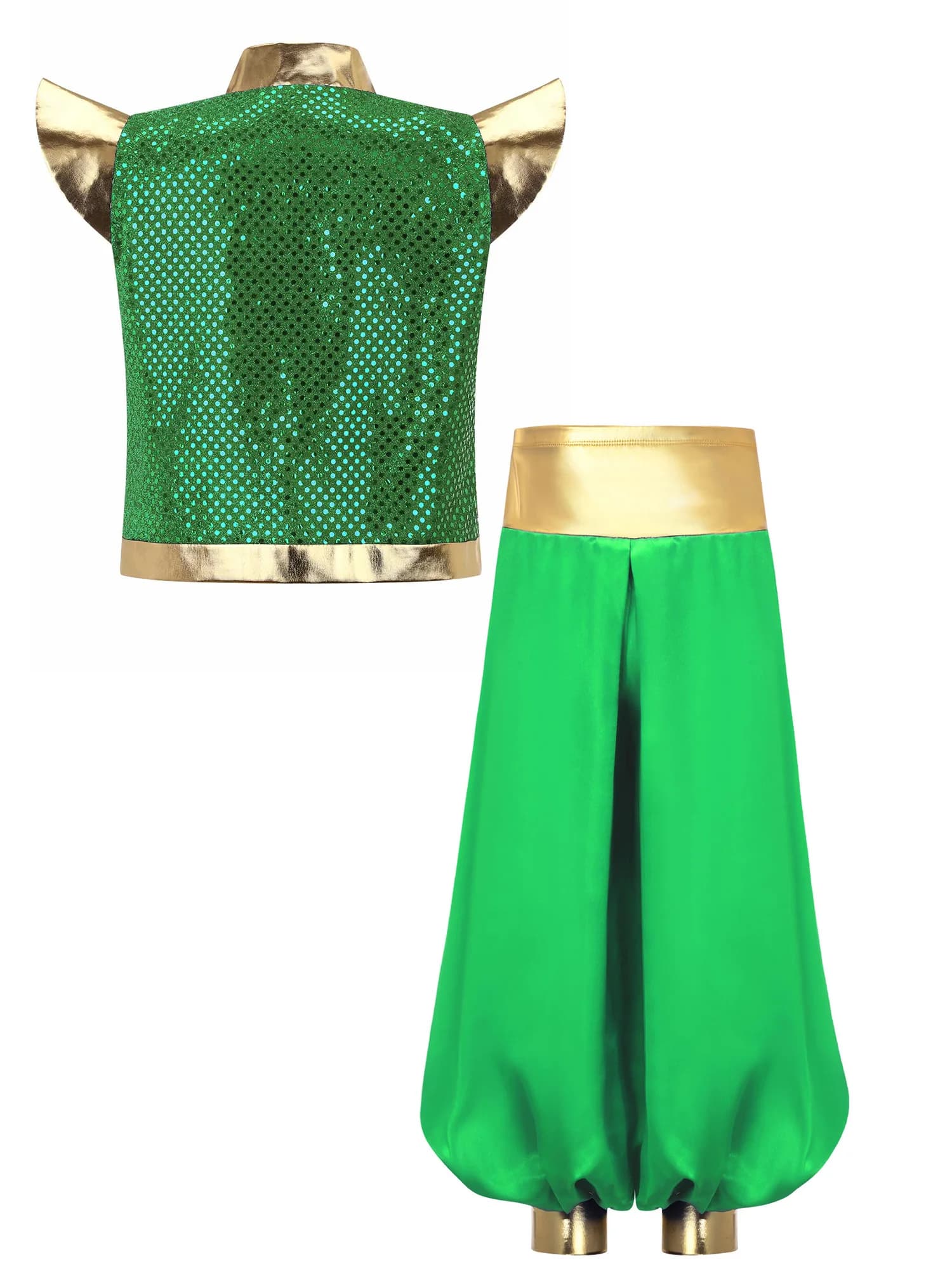 Costumi da Cosplay Arabi per Ragazzi, Gilet Arabo con Paillettes Metalliche, Spalline, Gilet Aperto sul Davanti Stile Fiabesco con Set di Pantaloni Larghi