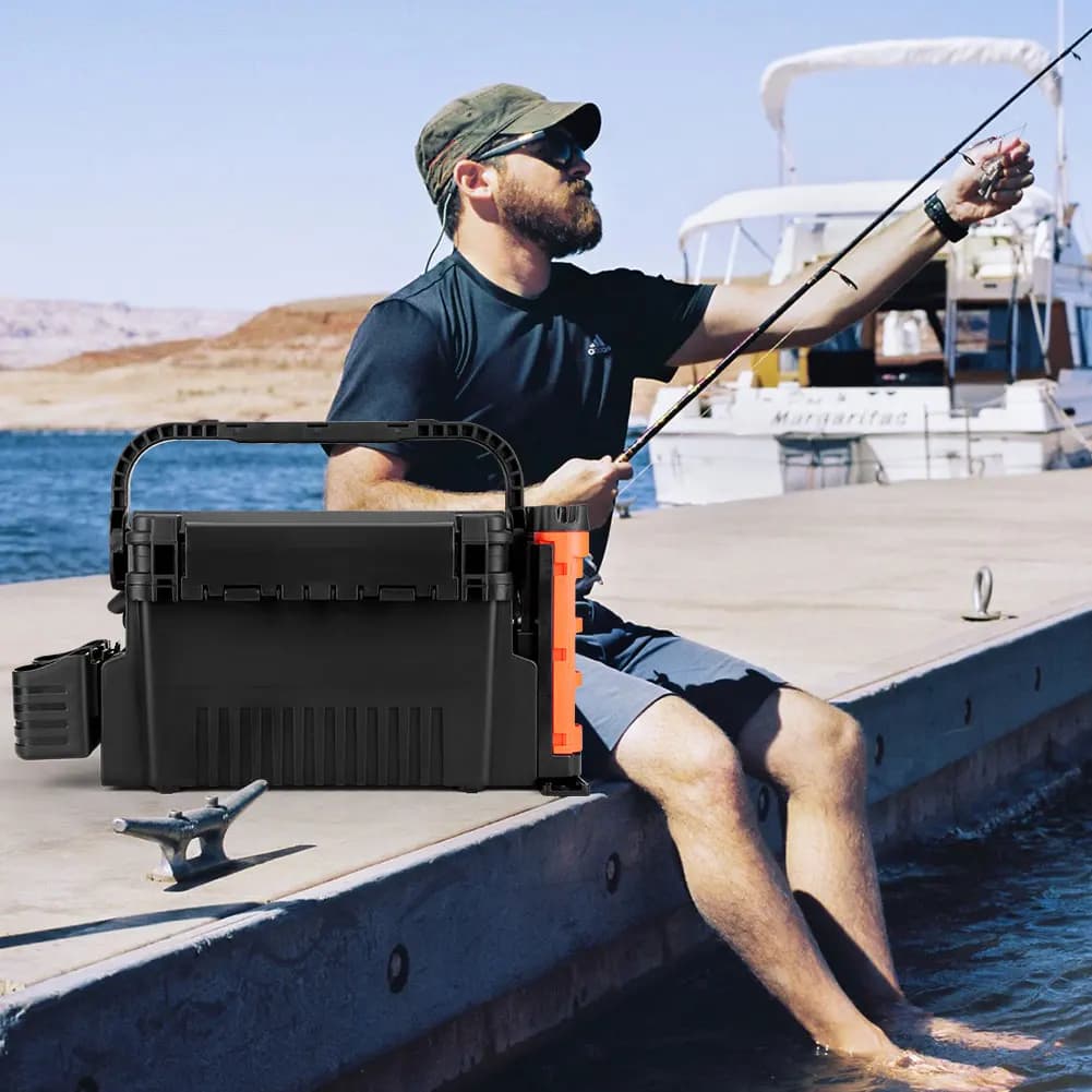 2-level fishing gear box with bucket holder and barrel holder, fishing organizer case
