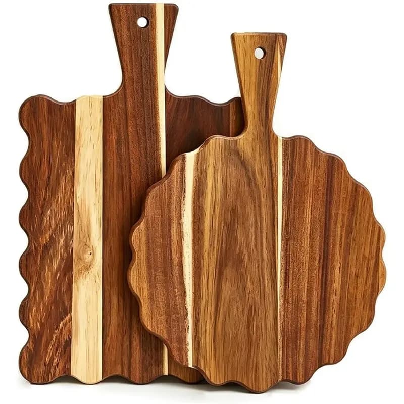 AT43-For Kitchen Decor For Cheese Bread Pizza Wood Scalloped Cutting Board With Handle 2Pcs Charcuterie Boards Serving Tray