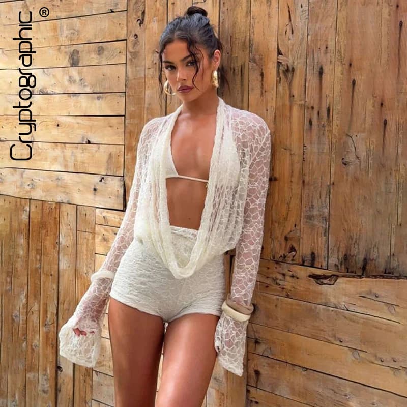 Fashion cryptographic Halter draped Set of 3 pieces Beach dresses Dig out bikini shorts with laces Long sleeve Co-ords Sets