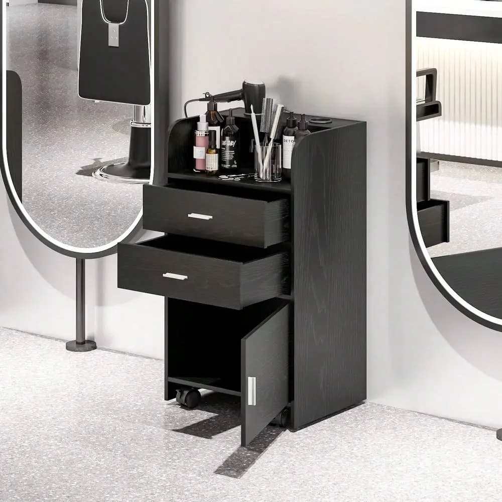 Mobiletto portaoggetti con 2 cassetti, grande armadietto, postazione da salone con 2 supporti per asciugacapelli, bianco e nero