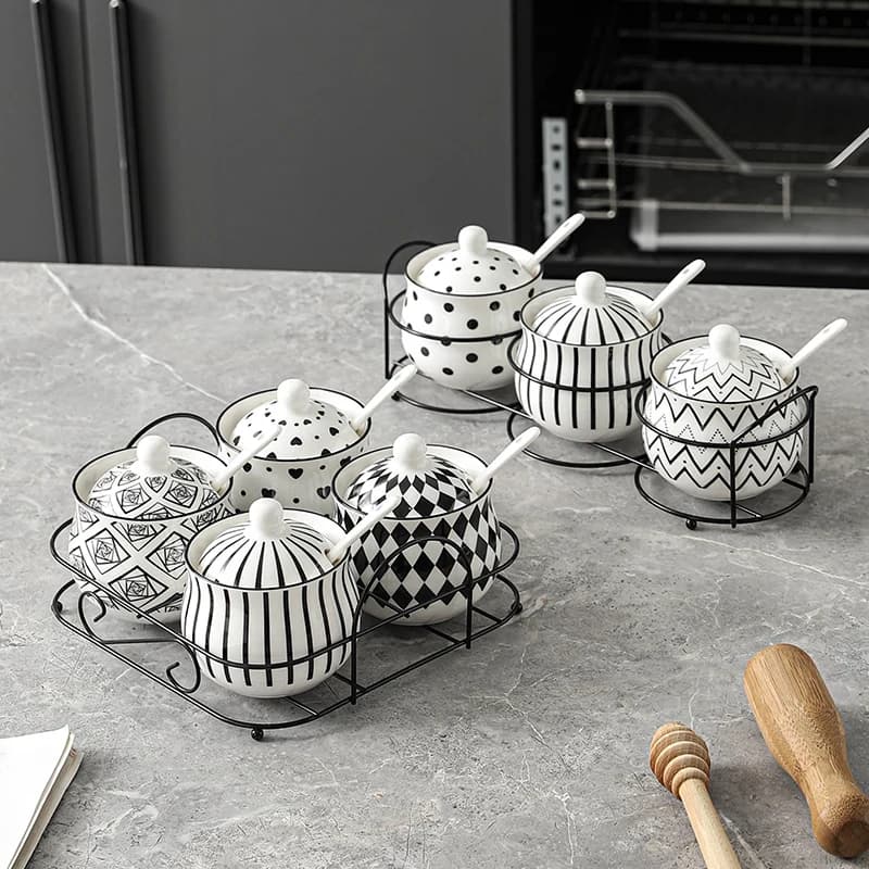 Set di barattoli per condimenti in ceramica da cucina Set di barattoli per condimenti con motivo geometrico Strumenti per condimenti Utensili da cucina Barattolo di scatola di immagazzinaggio in ceramica