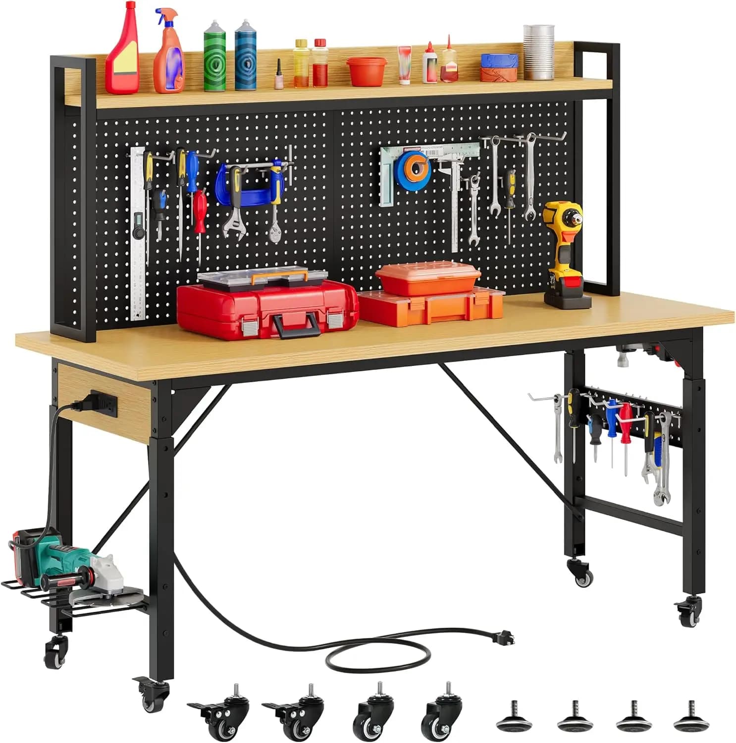 60" Adjustable Workbench with Pegboard, Heavy Duty Wood Top Work Bench with Wheels, 1600 LBS Load Capacity, Rolling Work Table w