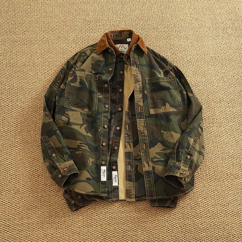 2025 Primavera Nuovo Americano Retro Twill Tessuto Camouflage Cargo Camicia da Uomo 100% Cotone Lavato Vecchio Doppia Tasca Camicetta Giacca Sottile