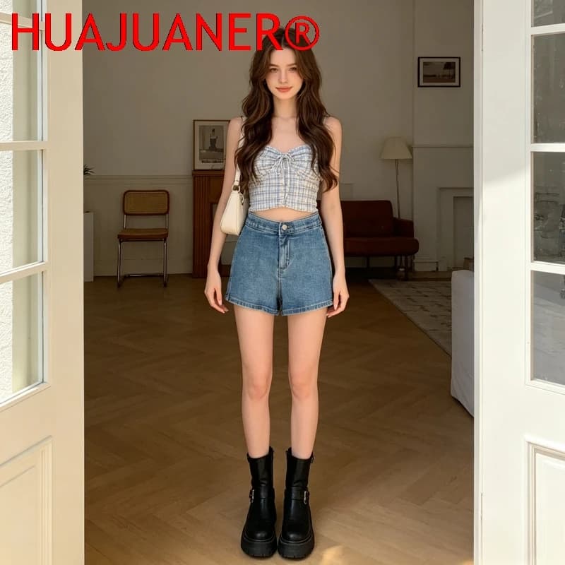 Shorts da Donna in Denim a Vita Alta, Jeans Slim Fit Sexy, Casual con Tasche, Modello Estivo 2026, Pantaloncini Dritti in Denim Basic